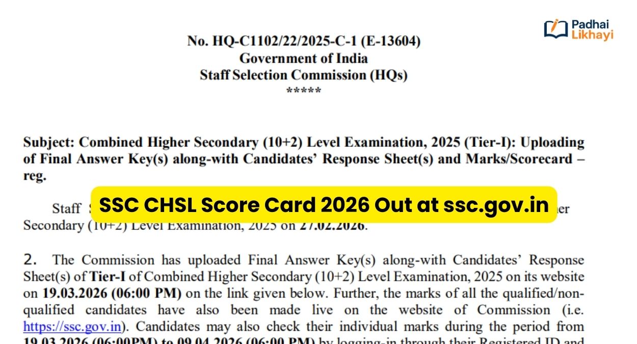 SSC CHSL Score Card 2026 Out at ssc.gov.in, Check Tier 1 Marks and Scores